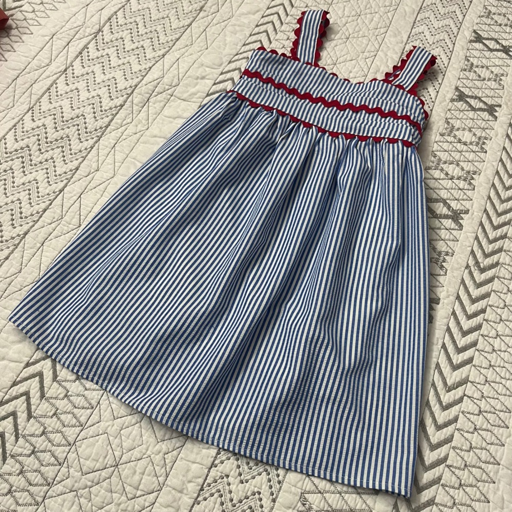 Speechless Kids Blue White Striped Dress Red Rickrack Trim Preppy Nautical 5